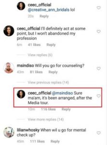 cee cee plans to go for counselling