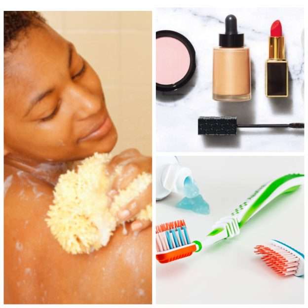 A collage of a woman bathing with a sponge, makeup products and a toothbrush